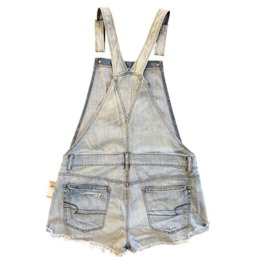 American Eagle Light Wash Floral Embroidered Short Overalls - Picture 2 of 9
